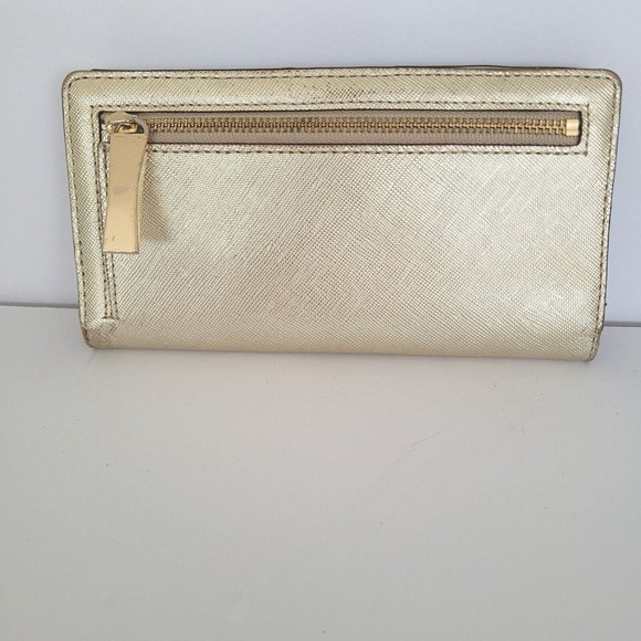 Kate Spade Clutch Wallet Gold Champaign Metalic Saffiano Logo Large Bifold Fair - Picture 2 of 12